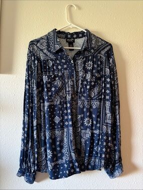 Wrangler Navy Blue and White Bandana Print Button-Up Blouse